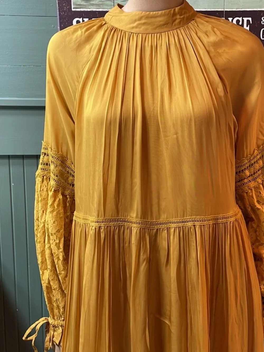 Anthropologie Atsu Aubriana Ruffled Mustard Yellow Lace-Sleeve Maxi Dress
